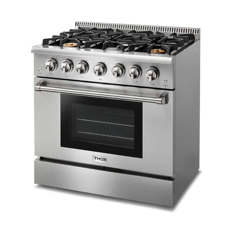 Thor Kitchen 5-Piece Pro Appliance Package - 36" Gas Range, French Door Refrigerator, Wall Mount Hood, Dishwasher, and Microwave Drawer in Stainless Steel Appliance Package Thor Kitchen 