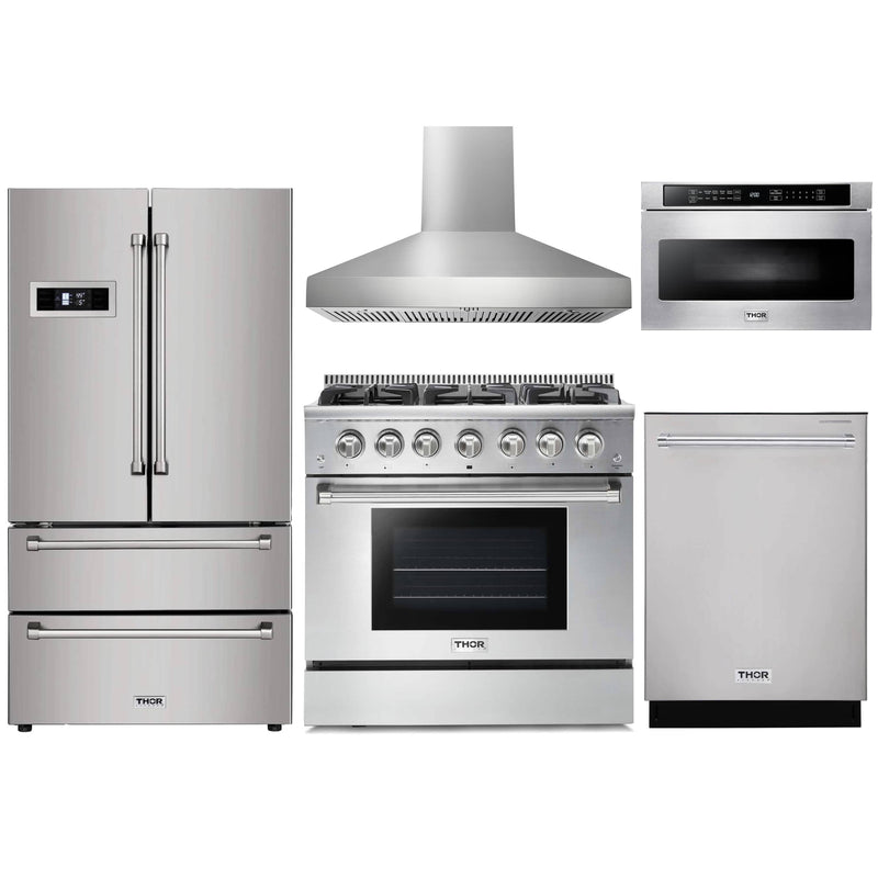 Thor Kitchen 5-Piece Pro Appliance Package - 36" Gas Range, French Door Refrigerator, Wall Mount Hood, Dishwasher, and Microwave Drawer in Stainless Steel Appliance Package Thor Kitchen Natural Gas Pro Style 
