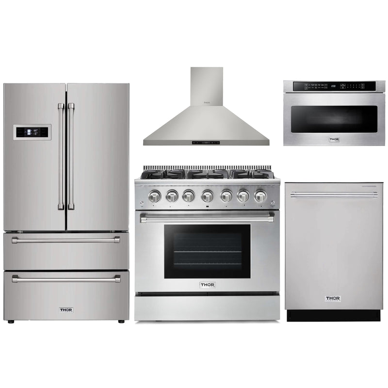 Thor Kitchen 5-Piece Pro Appliance Package - 36" Gas Range, French Door Refrigerator, Wall Mount Hood, Dishwasher, and Microwave Drawer in Stainless Steel Appliance Package Thor Kitchen 