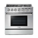 Thor Kitchen 5-Piece Pro Appliance Package - 36" Gas Range, French Door Refrigerator, Wall Mount Hood, Dishwasher, and Microwave Drawer in Stainless Steel Appliance Package Thor Kitchen 