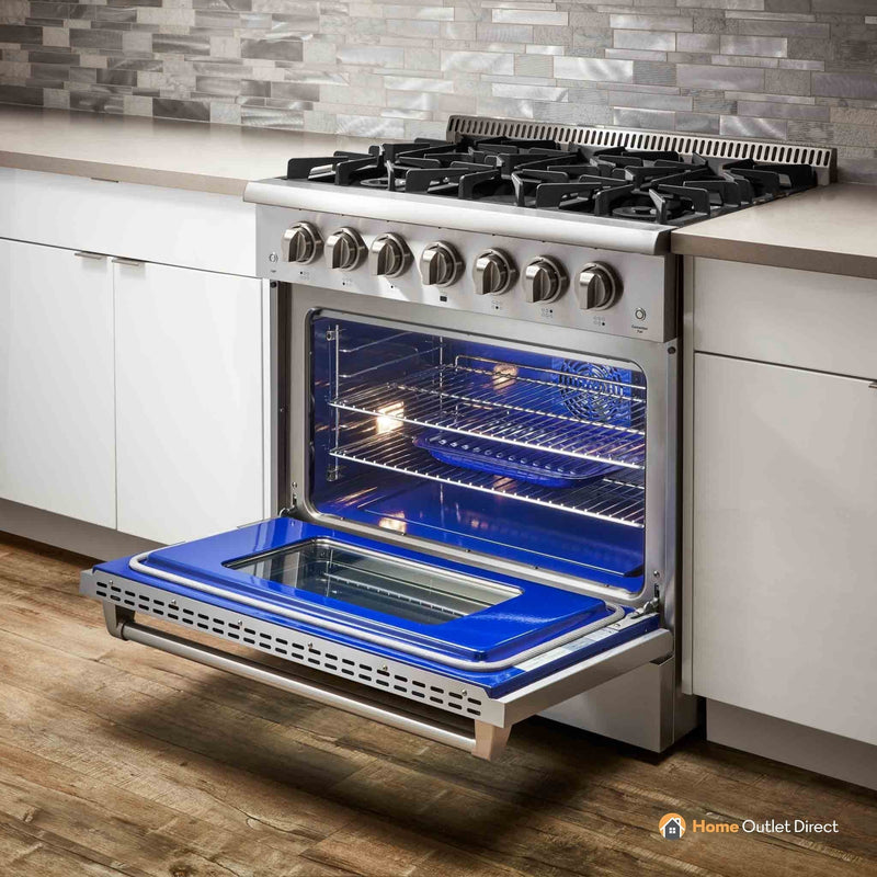 Thor Kitchen 5-Piece Pro Appliance Package - 36" Gas Range, French Door Refrigerator, Wall Mount Hood, Dishwasher, and Microwave Drawer in Stainless Steel Appliance Package Thor Kitchen 