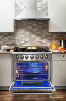 Thor Kitchen 5-Piece Pro Appliance Package - 36" Gas Range, French Door Refrigerator, Wall Mount Hood, Dishwasher, and Microwave Drawer in Stainless Steel Appliance Package Thor Kitchen 