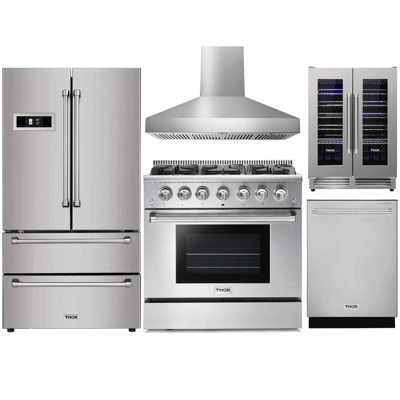 Thor Kitchen 5-Piece Pro Appliance Package - 36" Gas Range, French Door Refrigerator, Wall Mount Hood, Dishwasher, and Wine Cooler in Stainless Steel Appliance Package Thor Kitchen Natural Gas Pro Style 
