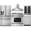 Thor Kitchen 5-Piece Pro Appliance Package - 36-Inch Dual Fuel Range, Refrigerator with Water Dispenser, Wall Mount Hood, Dishwasher, & Wine Cooler in Stainless Steel Appliance Package Thor Kitchen 