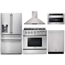 Thor Kitchen 5-Piece Pro Appliance Package - 36-Inch Gas Range, Refrigerator with Water Dispenser, Wall Mount Hood, Dishwasher, & Microwave Drawer in Stainless Steel Appliance Package Thor Kitchen 