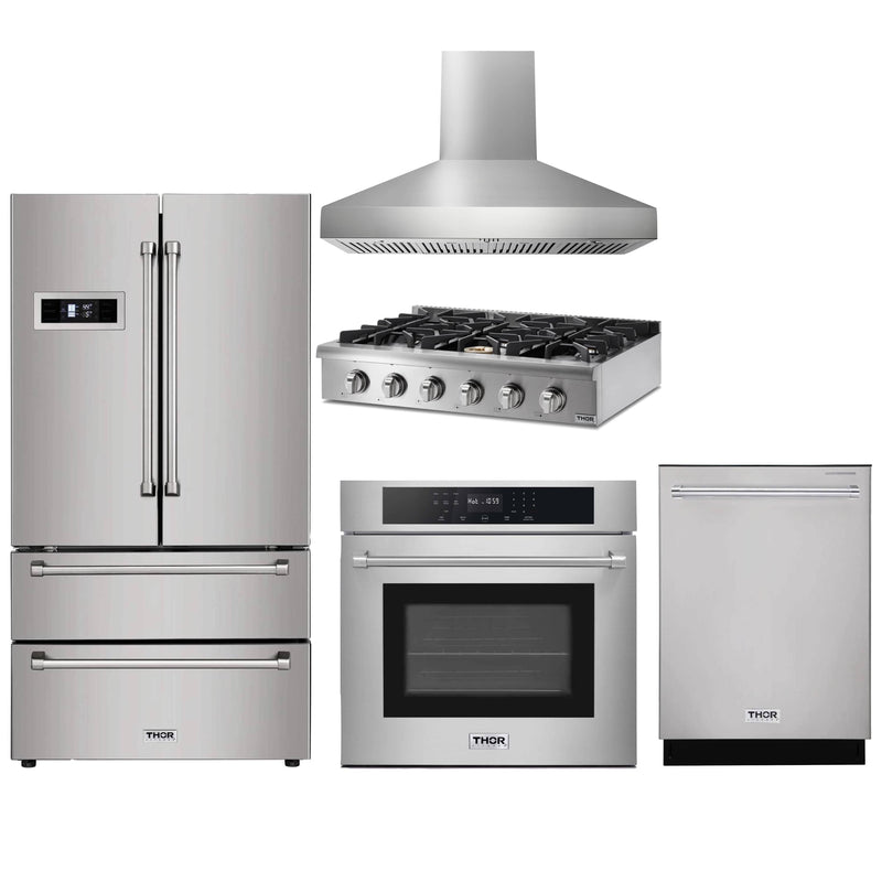 Thor Kitchen 5-Piece Pro Appliance Package - 36" Rangetop, Wall Oven, Wall Mount Hood, Dishwasher & Refrigerator in Stainless Steel Appliance Package Thor Kitchen Natural Gas Pro Style 