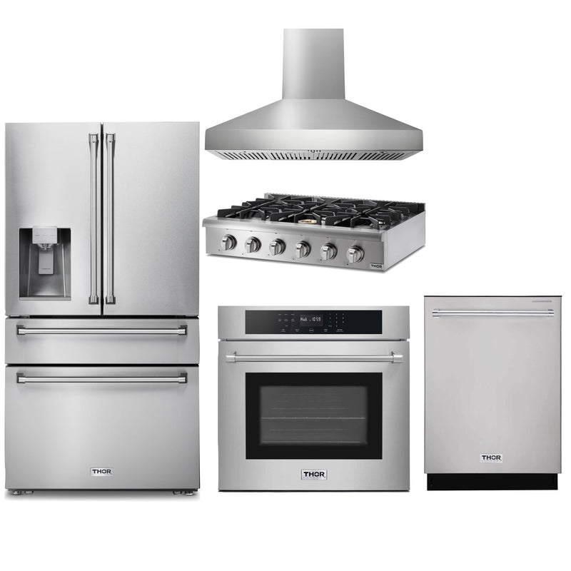 Thor Kitchen 5-Piece Pro Appliance Package - 36" Rangetop, Wall Oven, Wall Mount Hood, Dishwasher & Refrigerator with Water Dispenser in Stainless Steel Appliance Package Thor Kitchen Natural Gas Pro Style 