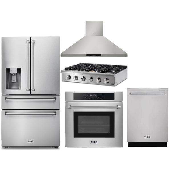 Thor Kitchen 5-Piece Pro Appliance Package - 36" Rangetop, Wall Oven, Wall Mount Hood, Dishwasher & Refrigerator with Water Dispenser in Stainless Steel Appliance Package Thor Kitchen 