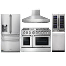 Thor Kitchen 5-Piece Pro Appliance Package - 48" Dual Fuel Range, French Door Refrigerator, Dishwasher, and Wine Cooler in Stainless Steel, Pro Wall Mount Hood Appliance Package Thor Kitchen 