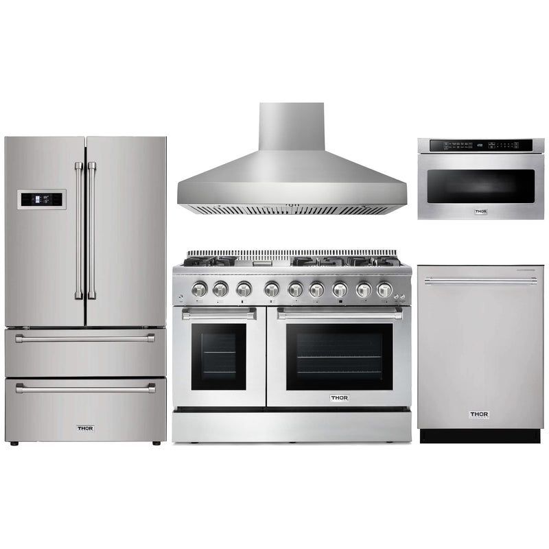 Thor Kitchen 5-Piece Pro Appliance Package - 48" Dual Fuel Range, French Door Refrigerator, Dishwasher, Pro Wall Mount Hood, and Microwave Drawer in Stainless Steel Appliance Package Thor Kitchen 