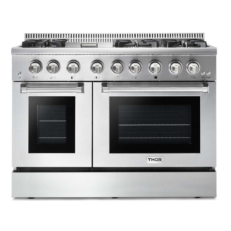 Thor Kitchen 5-Piece Pro Appliance Package - 48" Dual Fuel Range, French Door Refrigerator, Dishwasher, Under Cabinet Hood, and Microwave Drawer in Stainless Steel Appliance Package Thor Kitchen 