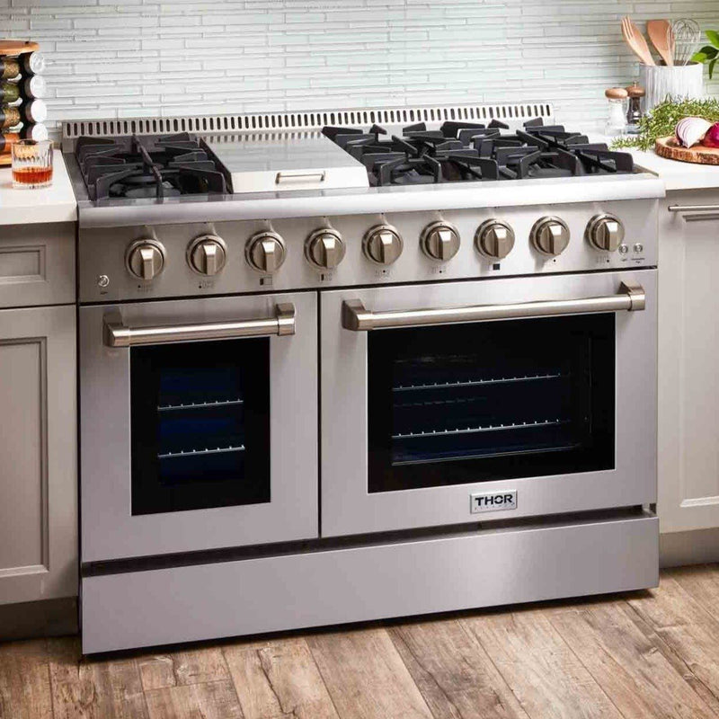 Thor Kitchen 5-Piece Pro Appliance Package - 48" Gas Range, French Door Refrigerator, Dishwasher, and Wine Cooler in Stainless Steel Appliance Package Thor Kitchen 