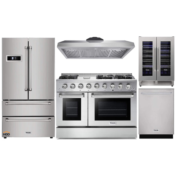 Thor Kitchen 5-Piece Pro Appliance Package - 48" Gas Range, French Door Refrigerator, Dishwasher, and Wine Cooler in Stainless Steel Appliance Package Thor Kitchen Natural Gas 11" Height 