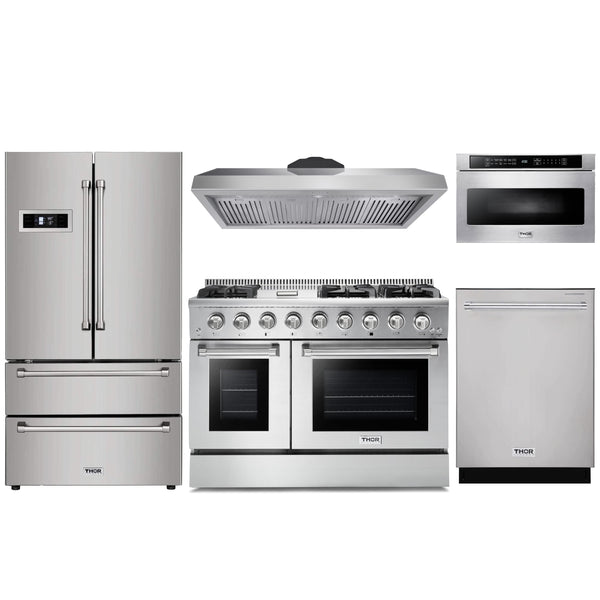 Thor Kitchen 5-Piece Pro Appliance Package - 48" Gas Range, French Door Refrigerator, Dishwasher, Under Cabinet Hood, and Microwave Drawer in Stainless Steel Appliance Package Thor Kitchen Natural Gas 11" Height 