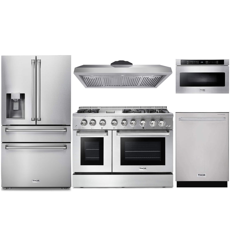 Thor Kitchen 5-Piece Pro Appliance Package - 48-Inch Dual Fuel Range, Refrigerator with Water Dispenser, Dishwasher, Under Cabinet Hood, & Microwave Drawer in Stainless Steel Appliance Package Thor Kitchen Natural Gas 11" Height 