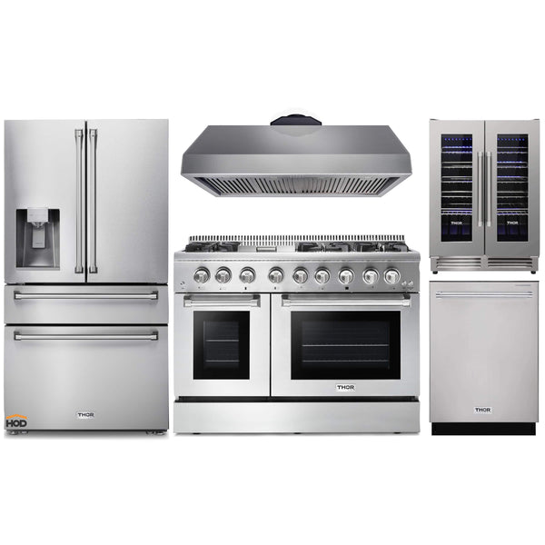 Thor Kitchen 5-Piece Pro Appliance Package - 48-Inch Dual Fuel Range, Refrigerator with Water Dispenser, Dishwasher, & Wine Cooler in Stainless Steel Appliance Package Thor Kitchen Natural Gas 16.54" Height 