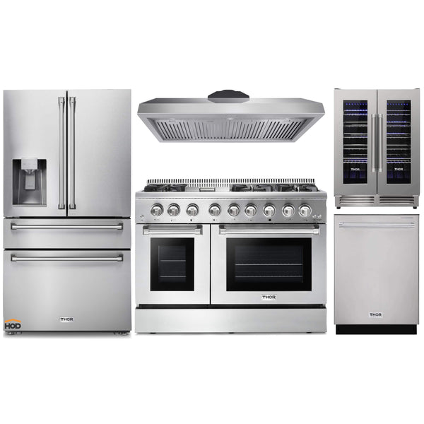Thor Kitchen 5-Piece Pro Appliance Package - 48-Inch Dual Fuel Range, Refrigerator with Water Dispenser, Dishwasher, & Wine Cooler in Stainless Steel Appliance Package Thor Kitchen Natural Gas 11" Height 