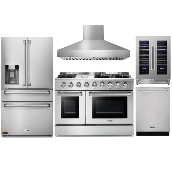 Thor Kitchen 5-Piece Pro Appliance Package - 48-Inch Gas Range, Pro Wall Mount Hood, Refrigerator with Water Dispenser, Dishwasher, & Wine Cooler in Stainless Steel Appliance Package Thor Kitchen 