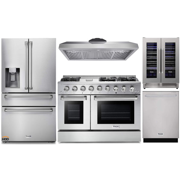 Thor Kitchen 5-Piece Pro Appliance Package - 48-Inch Gas Range, Refrigerator with Water Dispenser, Dishwasher, & Wine Cooler in Stainless Steel Appliance Package Thor Kitchen Natural Gas 11" Height 