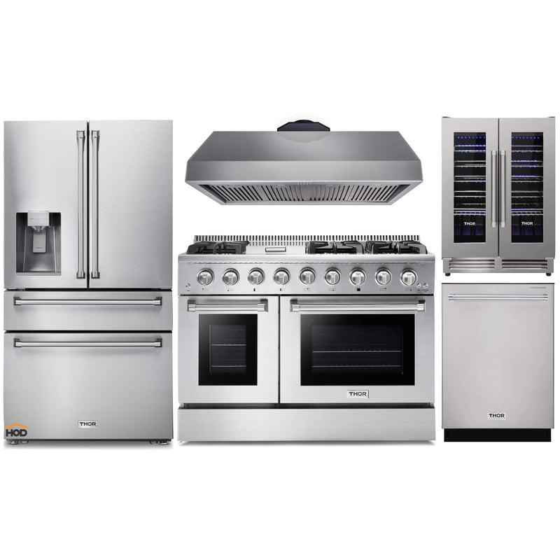 Thor Kitchen 5-Piece Pro Appliance Package - 48-Inch Gas Range, Refrigerator with Water Dispenser, Dishwasher, & Wine Cooler in Stainless Steel Appliance Package Thor Kitchen Natural Gas 16.54" Height 