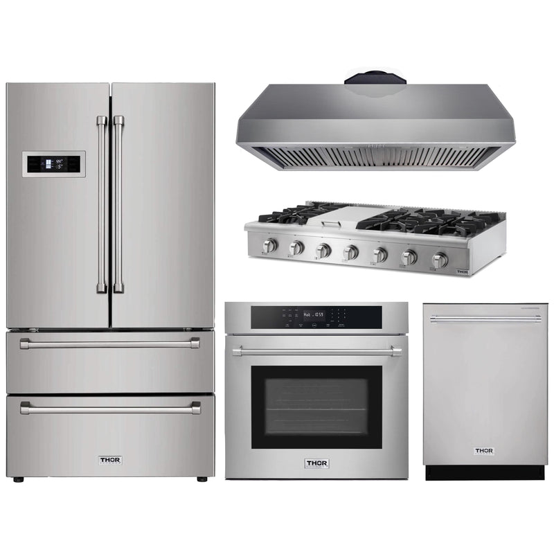 Thor Kitchen 5-Piece Pro Appliance Package - 48" Rangetop, Wall Oven, Premium Hood, Dishwasher & Refrigerator in Stainless Steel Appliance Package Thor Kitchen Natural Gas 16.54" Height 