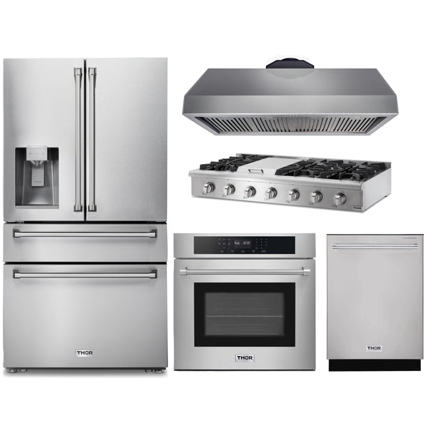 Thor Kitchen 5-Piece Pro Appliance Package - 48" Rangetop, Wall Oven, Premium Hood, Dishwasher & Refrigerator with Water Dispenser in Stainless Steel Appliance Package Thor Kitchen Natural Gas 16.54" Height 