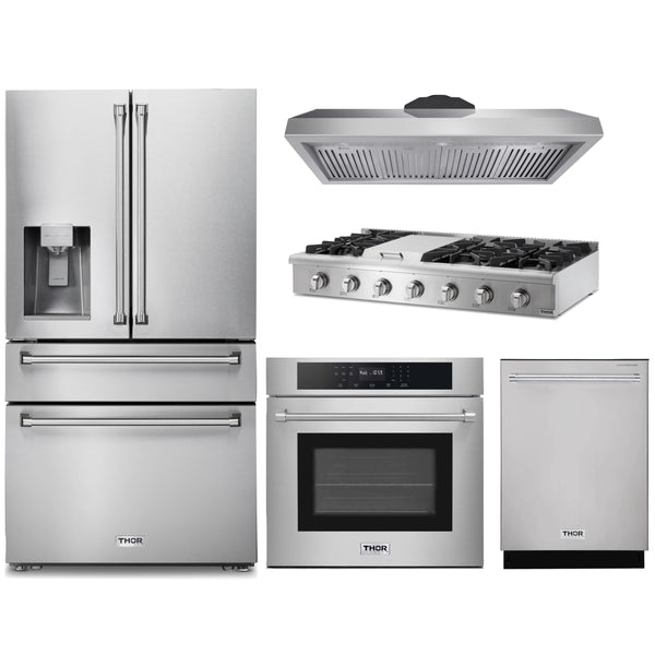 Thor Kitchen 5-Piece Pro Appliance Package - 48" Rangetop, Wall Oven, Premium Hood, Dishwasher & Refrigerator with Water Dispenser in Stainless Steel Appliance Package Thor Kitchen Natural Gas 11" Height 
