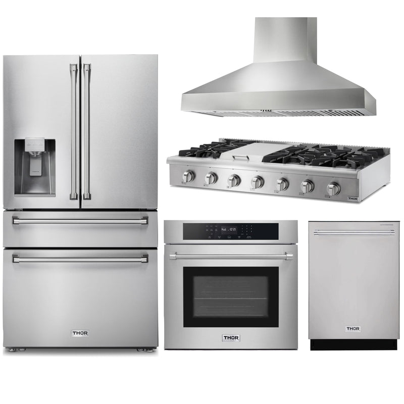 Thor Kitchen 5-Piece Pro Appliance Package - 48" Rangetop, Wall Oven, Pro Wall Mount Hood, Dishwasher & Refrigerator with Water Dispenser in Stainless Steel Appliance Package Thor Kitchen 