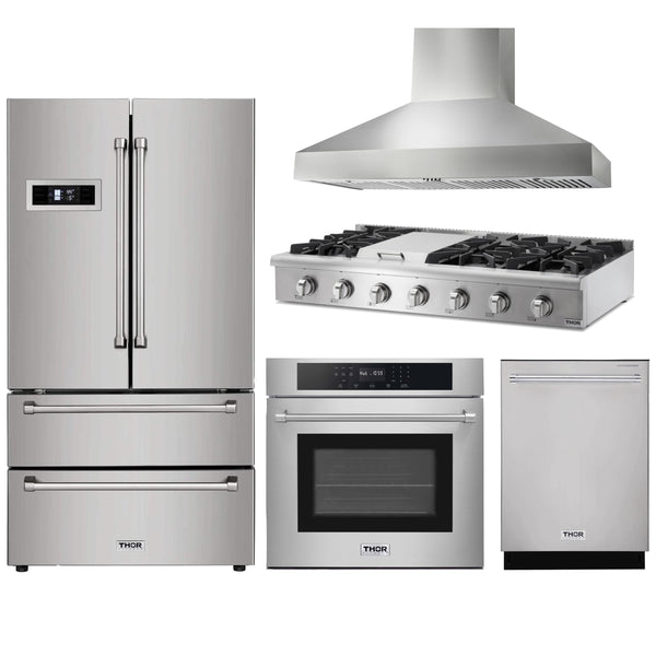 Thor Kitchen 5-Piece Pro Appliance Package - 48" Rangetop, Wall Oven, Wall Mount Hood, Dishwasher & Refrigerator in Stainless Steel Appliance Package Thor Kitchen 
