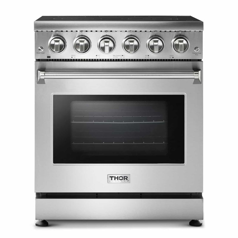 Thor Kitchen 6-Piece Appliance Package - 30" Electric Range, French Door Refrigerator, Wall Mount Hood, Dishwasher, Microwave Drawer, & Wine Cooler in Stainless Steel Appliance Package Thor Kitchen 