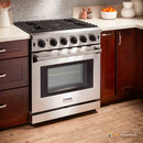 Thor Kitchen 6-Piece Appliance Package - 30" Gas Range, French Door Refrigerator, Wall Mount Hood, Dishwasher, Microwave Drawer, and Wine Cooler in Stainless Steel Appliance Package Thor Kitchen 