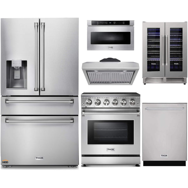 Thor Kitchen 6-Piece Appliance Package - 30-Inch Electric Range, Refrigerator with Water Dispenser, Under Cabinet Hood, Dishwasher, Microwave Drawer, & Wine Cooler in Stainless Steel Appliance Package Thor Kitchen 