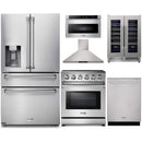 Thor Kitchen 6-Piece Appliance Package - 30-Inch Electric Range, Refrigerator with Water Dispenser, Wall Mount Hood, Dishwasher, Microwave Drawer, & Wine Cooler in Stainless Steel Appliance Package Thor Kitchen 