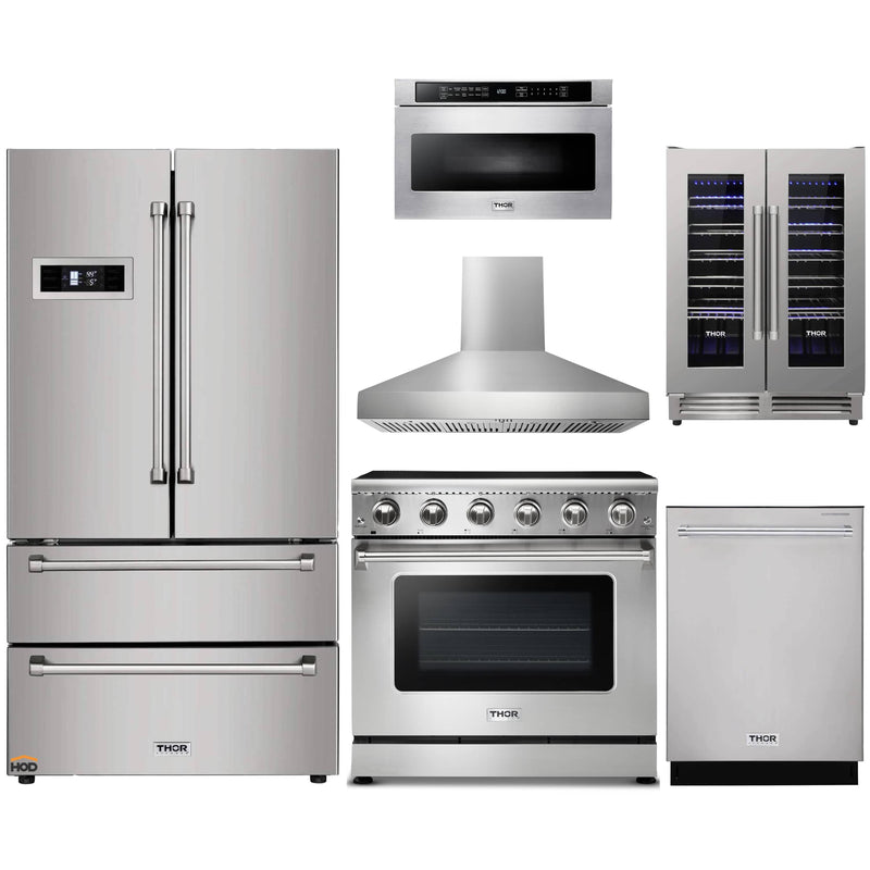 Thor Kitchen 6-Piece Appliance Package - 36" Electric Range, French Door Refrigerator, Wall Mount Hood, Dishwasher, Microwave Drawer, & Wine Cooler in Stainless Steel Appliance Package Thor Kitchen Natural Pro Style 