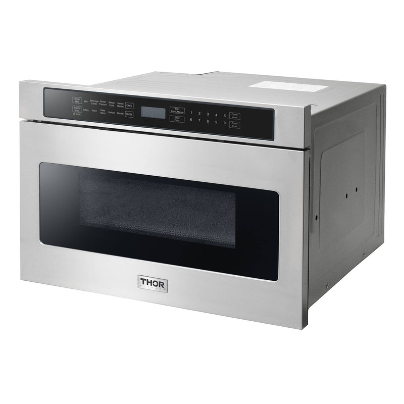 Thor Kitchen 6-Piece Appliance Package - 36" Gas Range, French Door Refrigerator, Wall Mount Hood, Dishwasher, Microwave Drawer, & Wine Cooler in Stainless Steel Appliance Package Thor Kitchen 