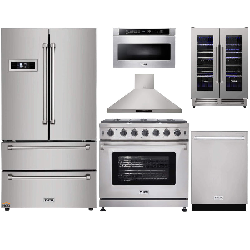 Thor Kitchen 6-Piece Appliance Package - 36" Gas Range, French Door Refrigerator, Wall Mount Hood, Dishwasher, Microwave Drawer, & Wine Cooler in Stainless Steel Appliance Package Thor Kitchen 
