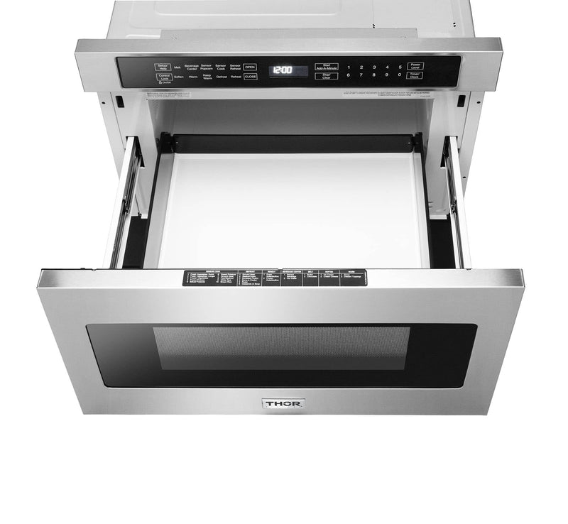 Thor Kitchen 6-Piece Appliance Package - 36" Gas Range, French Door Refrigerator, Wall Mount Hood, Dishwasher, Microwave Drawer, & Wine Cooler in Stainless Steel Appliance Package Thor Kitchen 