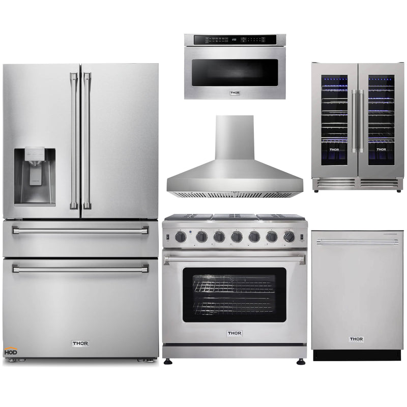 Thor Kitchen 6-Piece Appliance Package - 36-Inch Gas Range, Refrigerator with Water Dispenser, Wall Mount Hood, Dishwasher, Microwave Drawer, & Wine Cooler in Stainless Steel Appliance Package Thor Kitchen Natural Gas Pro Style 