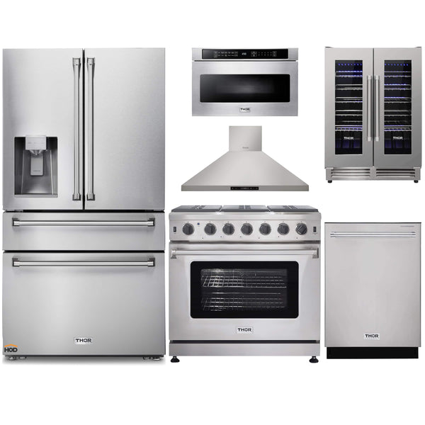 Thor Kitchen 6-Piece Appliance Package - 36-Inch Gas Range, Refrigerator with Water Dispenser, Wall Mount Hood, Dishwasher, Microwave Drawer, & Wine Cooler in Stainless Steel Appliance Package Thor Kitchen 