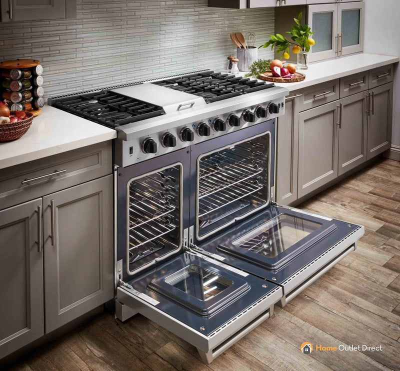 Thor Kitchen 6-Piece Appliance Package - 48" Gas Range, French Door Refrigerator, Under-cabinet Hood, Dishwasher, Microwave Drawer, and Wine Cooler in Stainless Steel Appliance Package Thor Kitchen 