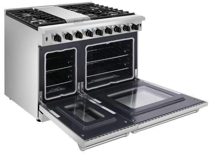 Thor Kitchen 6-Piece Appliance Package - 48" Gas Range, French Door Refrigerator, Under-cabinet Hood, Dishwasher, Microwave Drawer, and Wine Cooler in Stainless Steel Appliance Package Thor Kitchen 