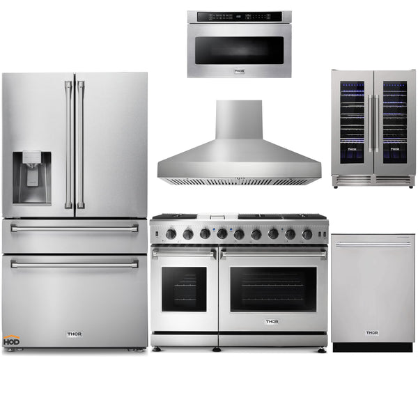 Thor Kitchen 6-Piece Appliance Package - 48-Inch Gas Range, Refrigerator with Water Dispenser, Pro Wall Mount Hood, Dishwasher, Microwave Drawer, & Wine Cooler in Stainless Steel Appliance Package Thor Kitchen 