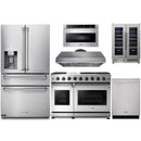 Thor Kitchen 6-Piece Appliance Package - 48-Inch Gas Range, Refrigerator with Water Dispenser, Under-cabinet Hood, Dishwasher, Microwave Drawer, & Wine Cooler in Stainless Steel Appliance Package Thor Kitchen 