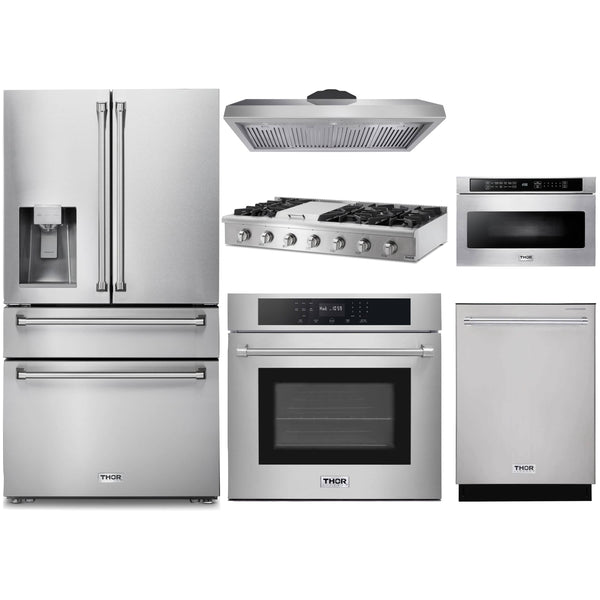 Thor Kitchen 6-Piece Appliance Package - 48-Inch Gas Range, Wall Oven, Premium Hood, Refrigerator with Water Dispenser, Dishwasher, Microwave Drawer, & Wine Cooler in Stainless Steel Appliance Package Thor Kitchen Natural Gas 11" Height 
