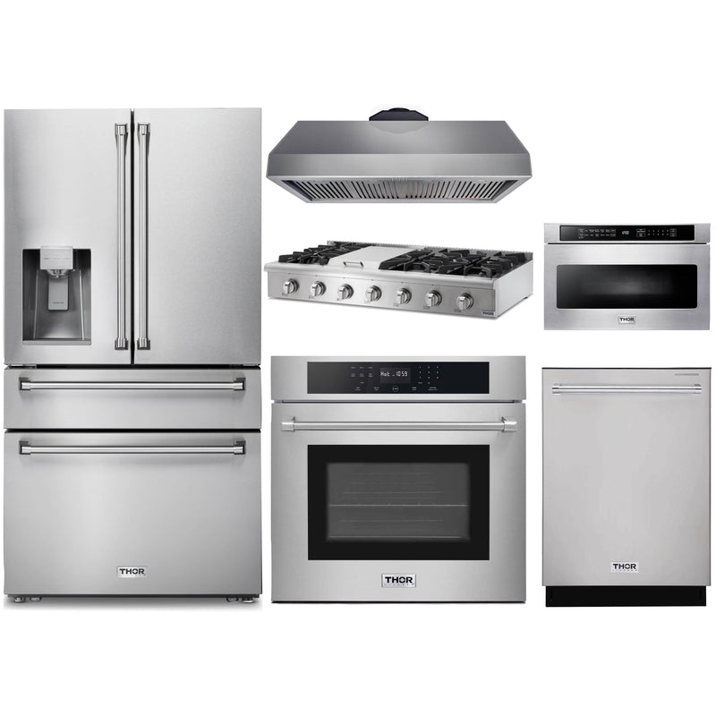 Thor Kitchen 6-Piece Appliance Package - 48-Inch Gas Range, Wall Oven, Premium Hood, Refrigerator with Water Dispenser, Dishwasher, Microwave Drawer, & Wine Cooler in Stainless Steel Appliance Package Thor Kitchen Natural Gas 16.54" Height 