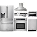 Thor Kitchen 6-Piece Appliance Package - 48-Inch Gas Range, Wall Oven, Pro Wall Mount Hood, Refrigerator with Water Dispenser, Dishwasher, Microwave Drawer, & Wine Cooler in Stainless Steel Appliance Package Thor Kitchen 