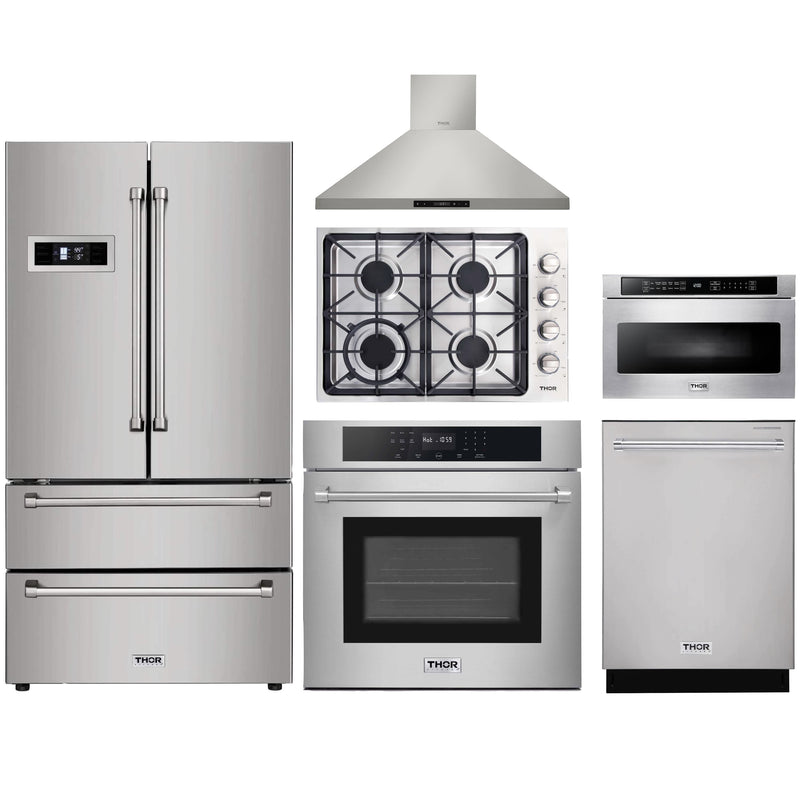 Thor Kitchen 6-Piece Pro Appliance Package - 30" Cooktop, Wall Oven, Wall Mount Hood, Refrigerator, Dishwasher, & Microwave Drawer in Stainless Steel Appliance Package Thor Kitchen 