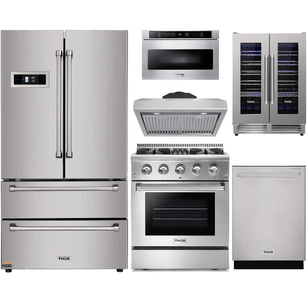Thor Kitchen 6-Piece Pro Appliance Package - 30" Dual Fuel Range, French Door Refrigerator, Under Cabinet Hood, Dishwasher, Microwave Drawer, and Wine Cooler in Stainless Steel Appliance Package Thor Kitchen 