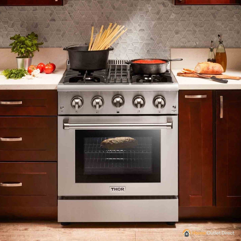 Thor Kitchen 6-Piece Pro Appliance Package - 30" Dual Fuel Range, French Door Refrigerator, Wall Mount Hood, Dishwasher, Microwave Drawer, & Wine Cooler in Stainless Steel Appliance Package Thor Kitchen 