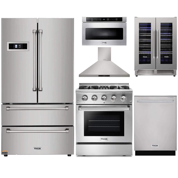 Thor Kitchen 6-Piece Pro Appliance Package - 30" Dual Fuel Range, French Door Refrigerator, Wall Mount Hood, Dishwasher, Microwave Drawer, & Wine Cooler in Stainless Steel Appliance Package Thor Kitchen 